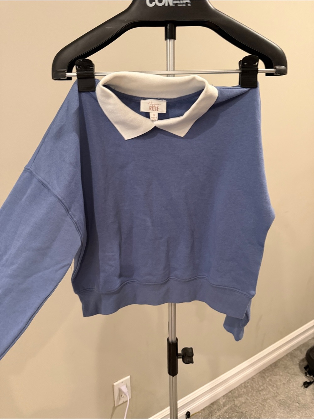 WomenBlue Pullover Sweatshirt with White Peter Pan Collar